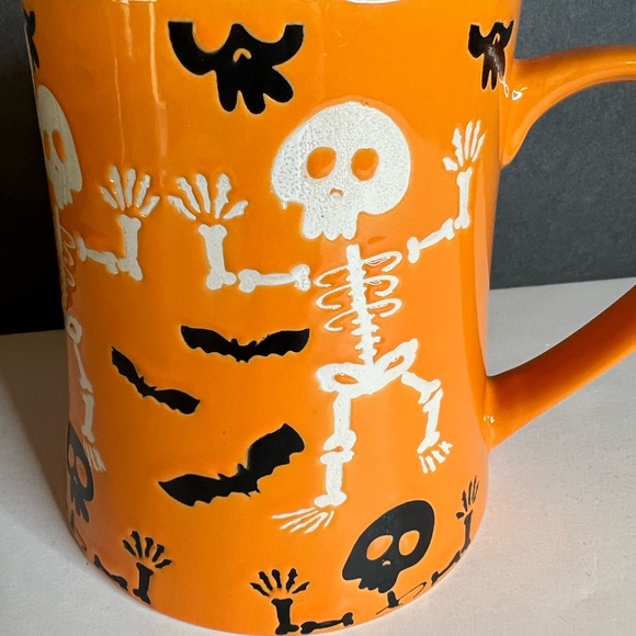 Halloween Ceramic Happy Boo Orange Mug Skeletons Bats Black White - Picture 2 of 6